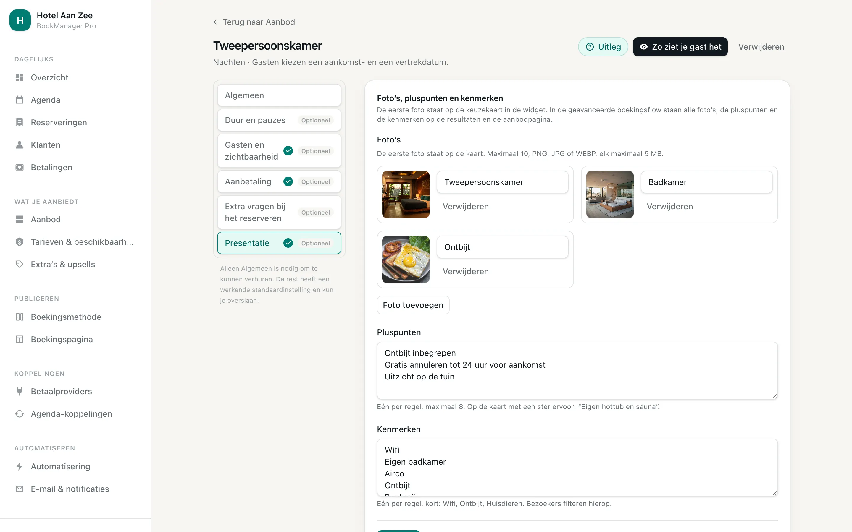 Het tabblad Presentatie van een soort aanbod, met foto's, pluspunten en kenmerken