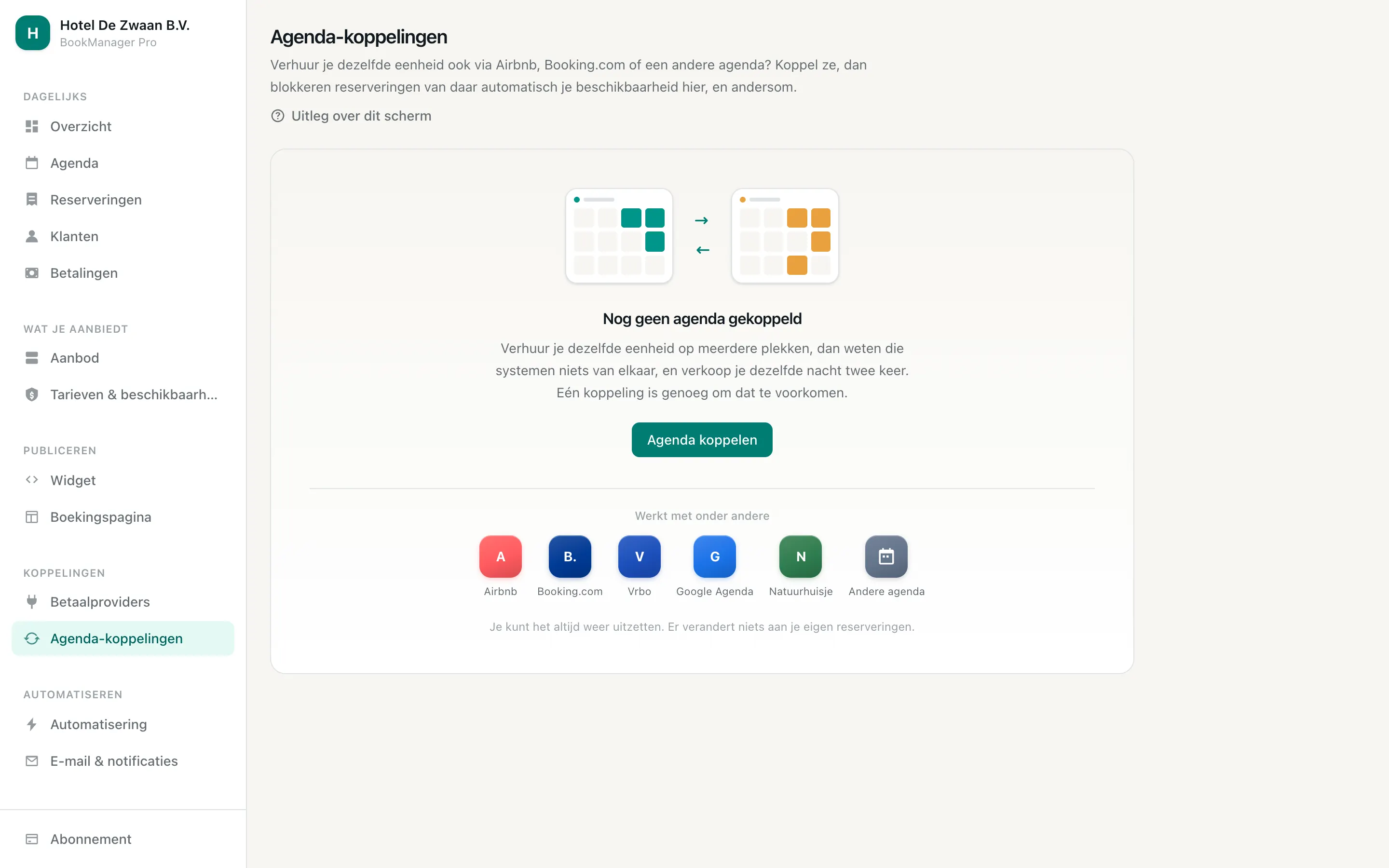 Het scherm Agenda-koppelingen met een koppeling per item en de richting van de synchronisatie