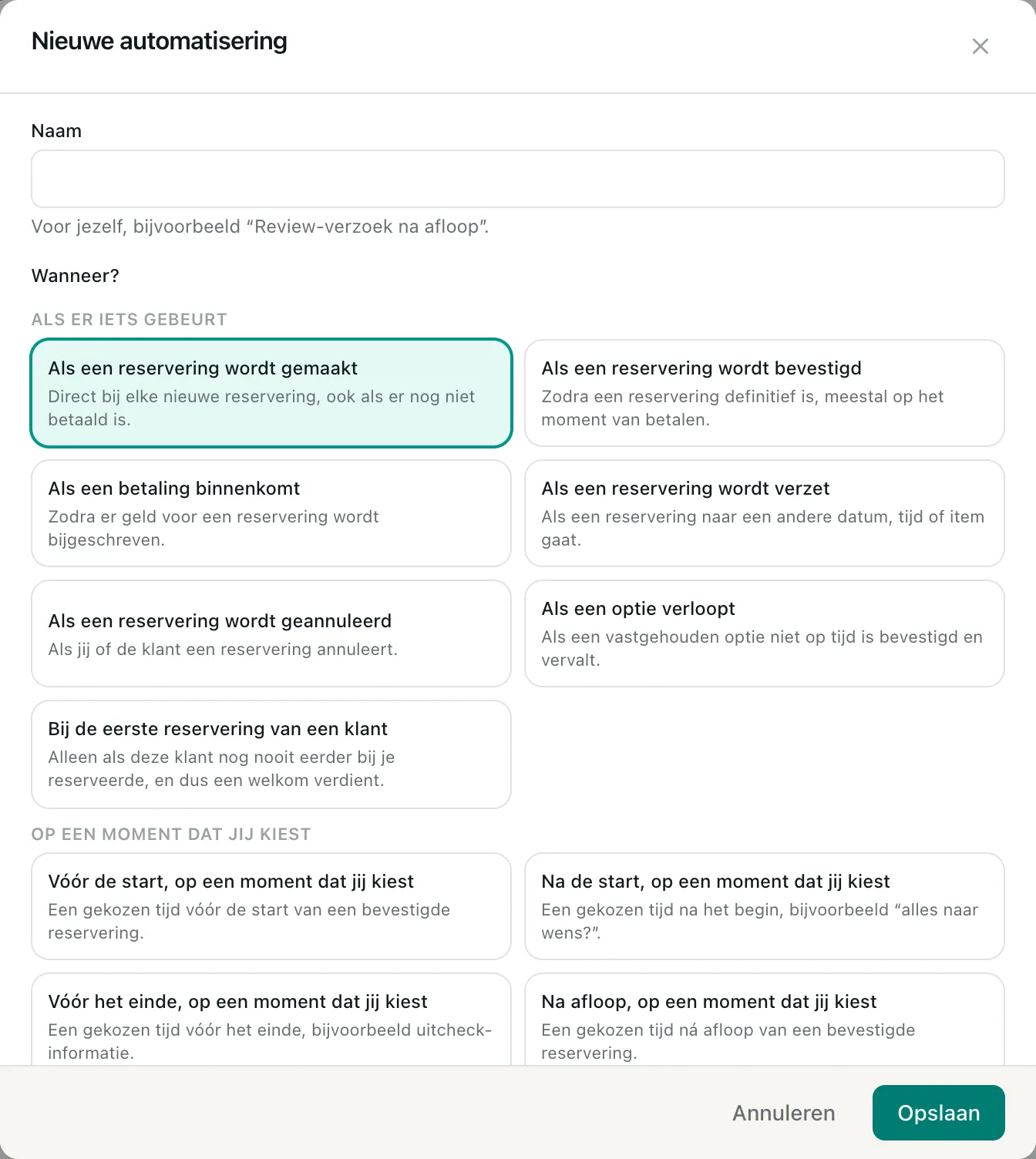 Het formulier voor een nieuwe automatisering met het moment en de actie eronder