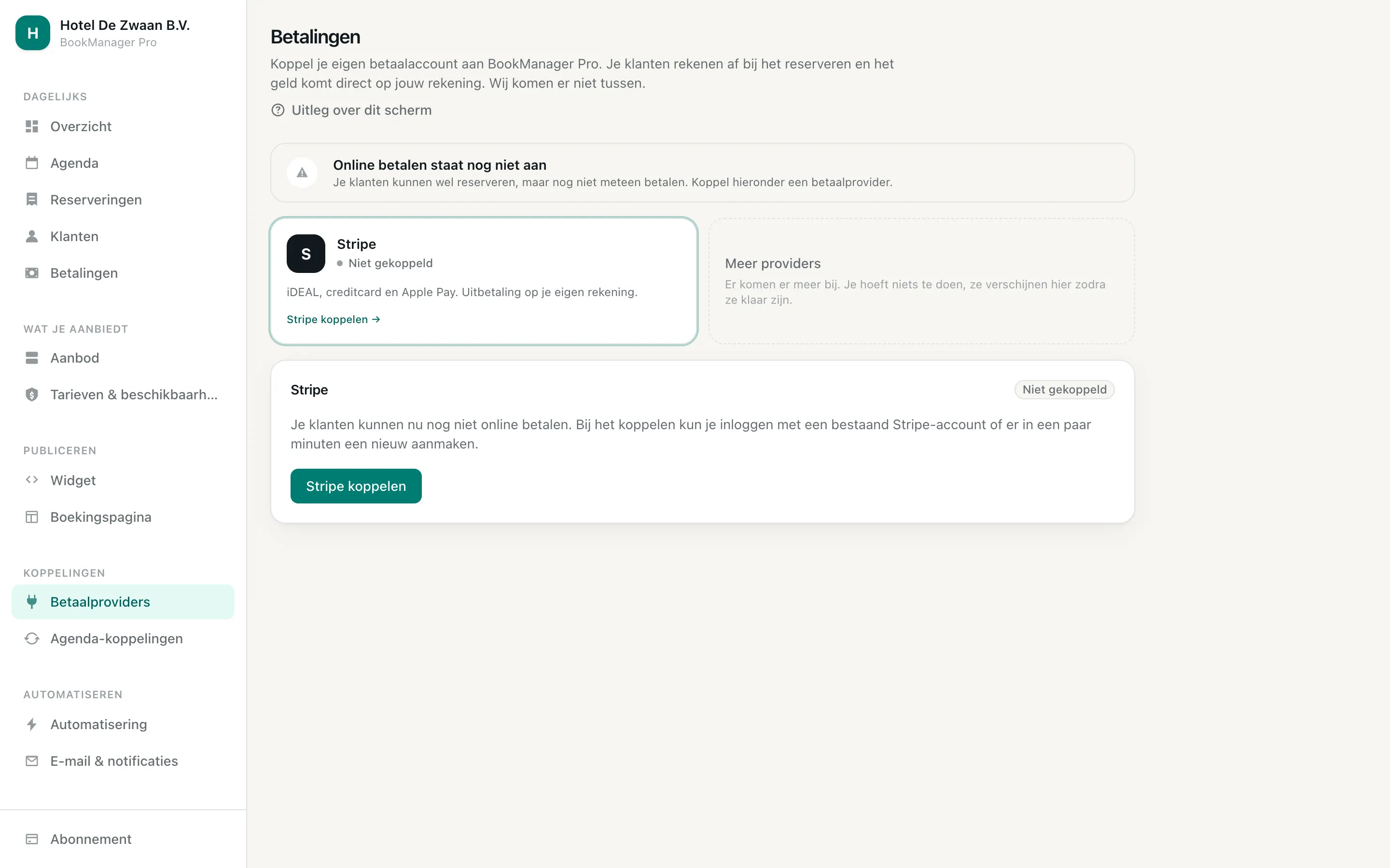 Het scherm Betaalproviders met de koppeling naar Stripe