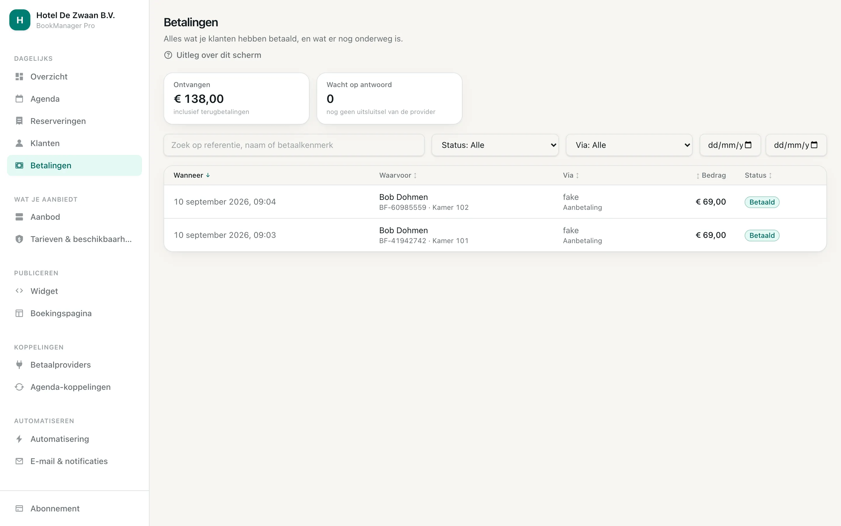 Het betalingenoverzicht met bedragen, status en de bijbehorende reserveringen