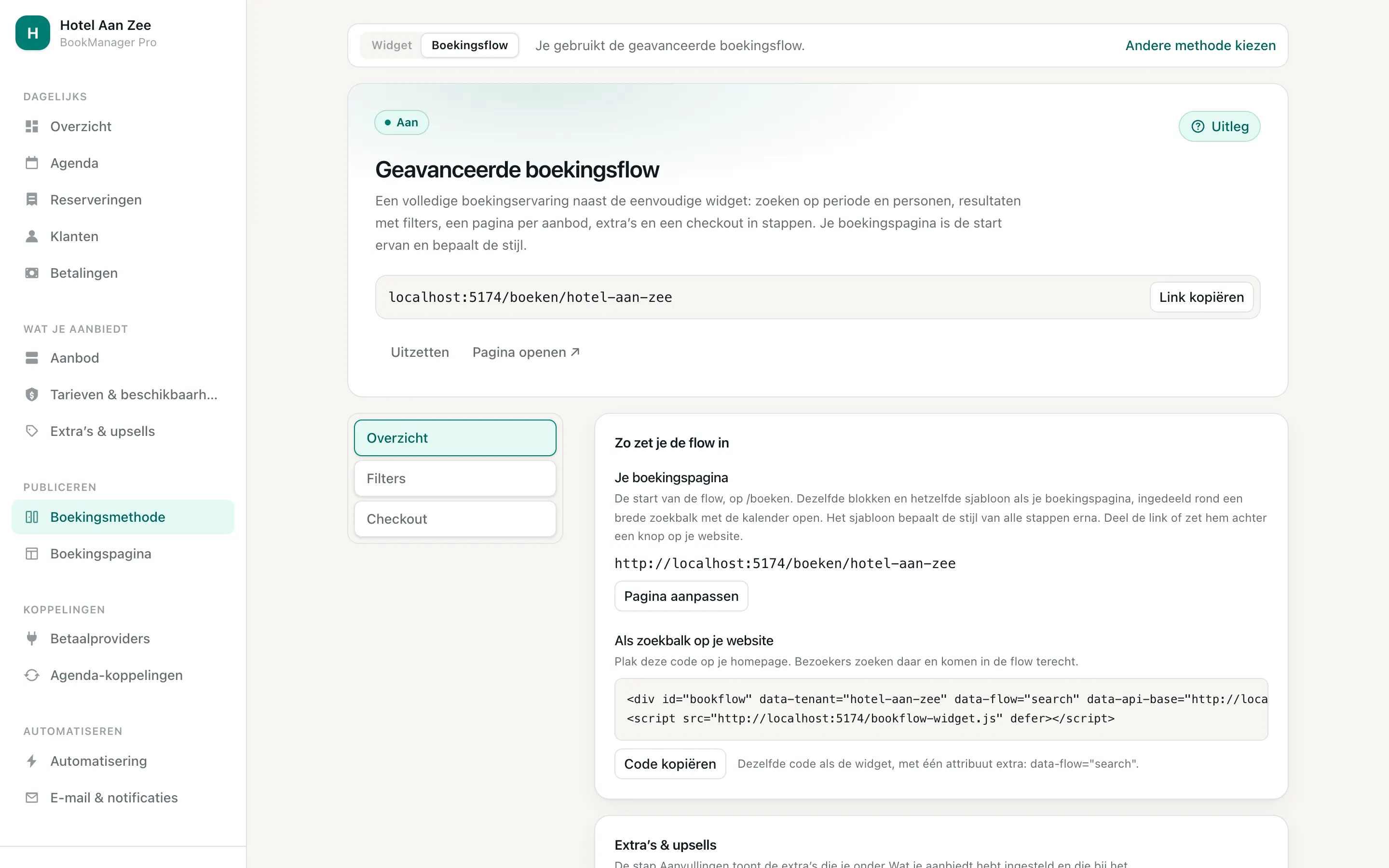 Het scherm van de boekingsflow met de schakelaar aan, het adres en de tabbladen Overzicht, Zoeken, Filters en Checkout