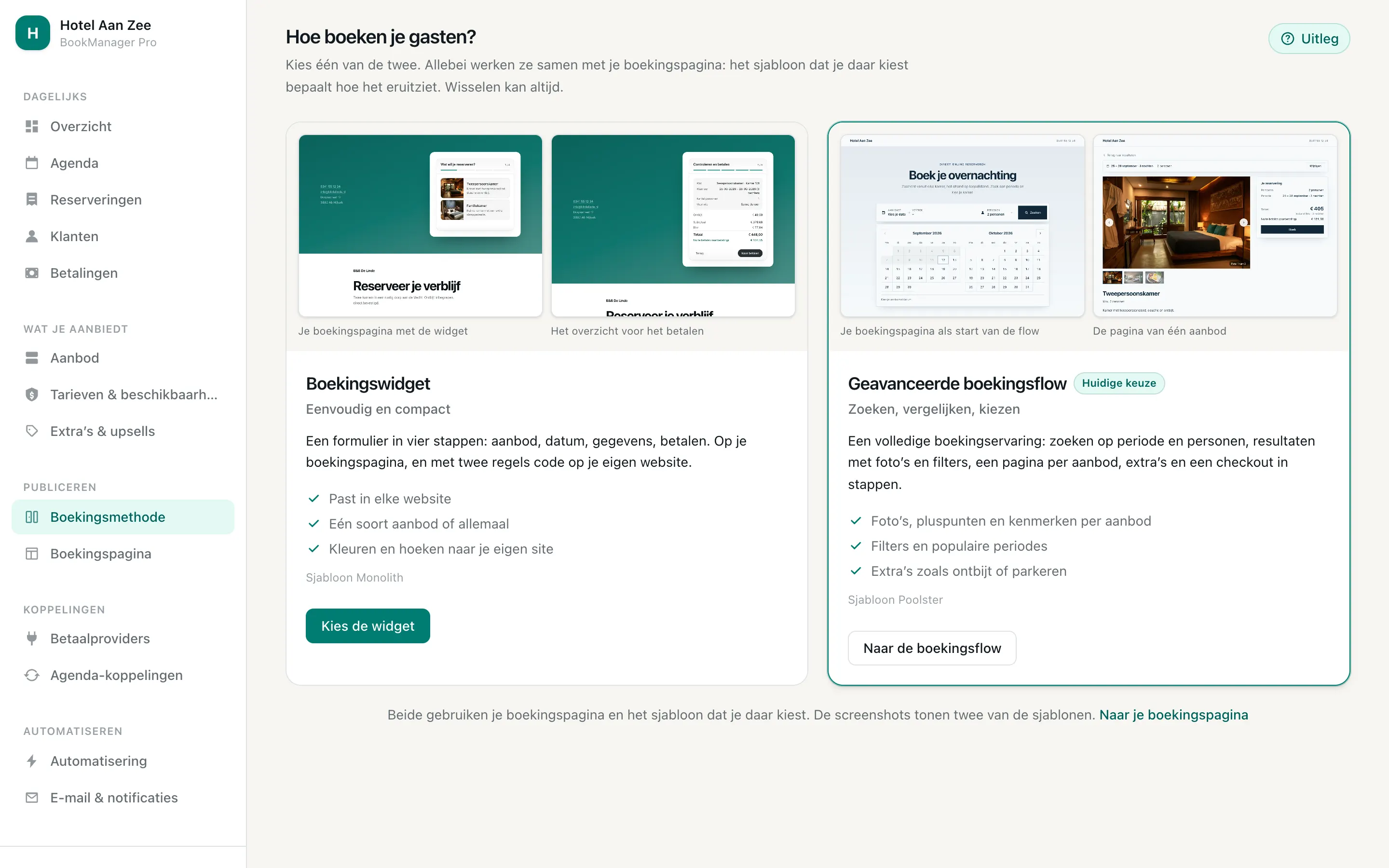 Het scherm Boekingsmethode met de twee keuzes naast elkaar, elk met twee schermafbeeldingen