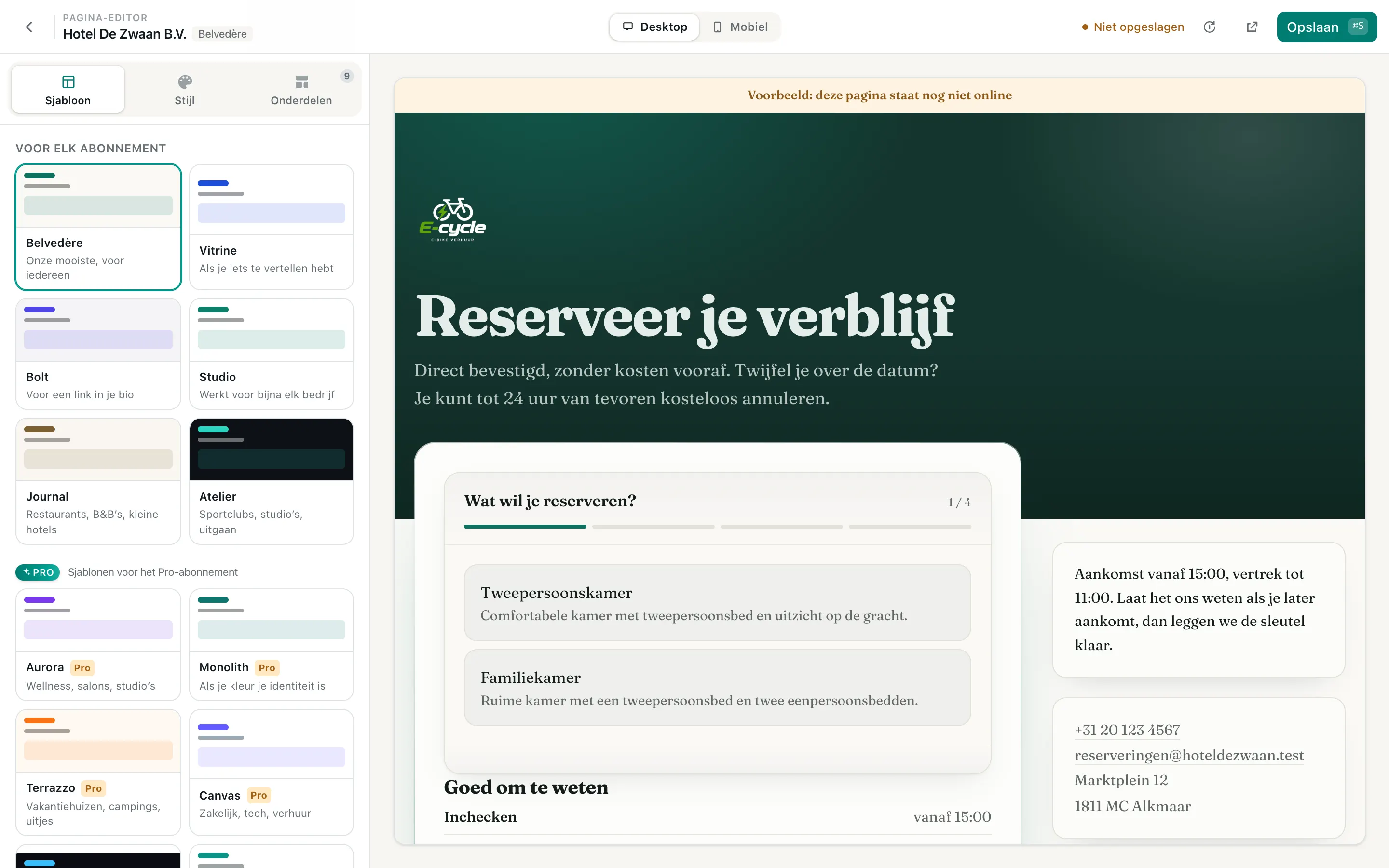 De ontwerper van de boekingspagina met het voorbeeld en de instellingen ernaast