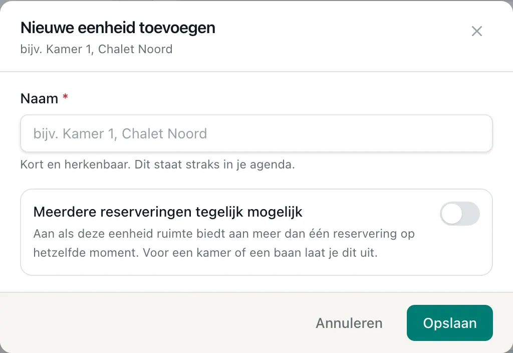 Het venster Nieuwe eenheid toevoegen met een naamveld en een voorbeeld erbij