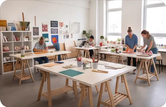 Deelnemers aan het werk tijdens een creatieve workshop in een atelier