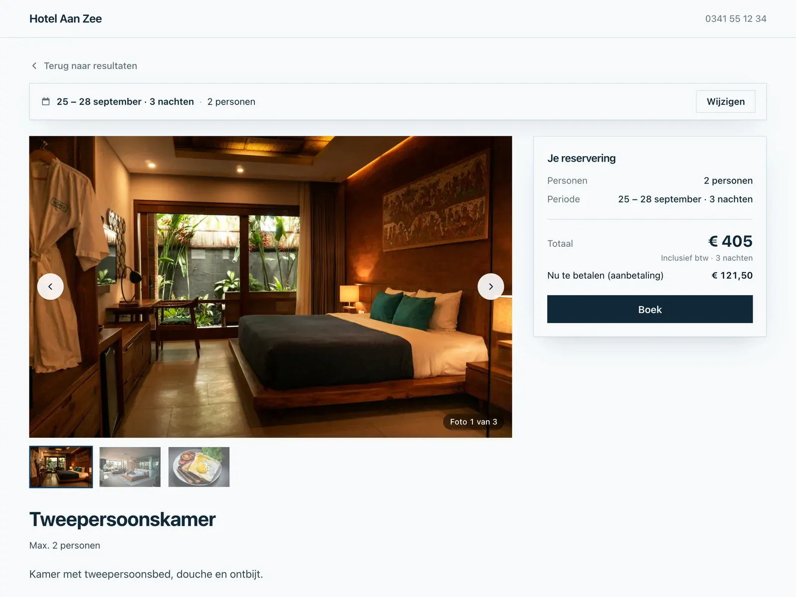 De pagina van één aanbod in de boekingsflow op het sjabloon Poolster, bij een hotel