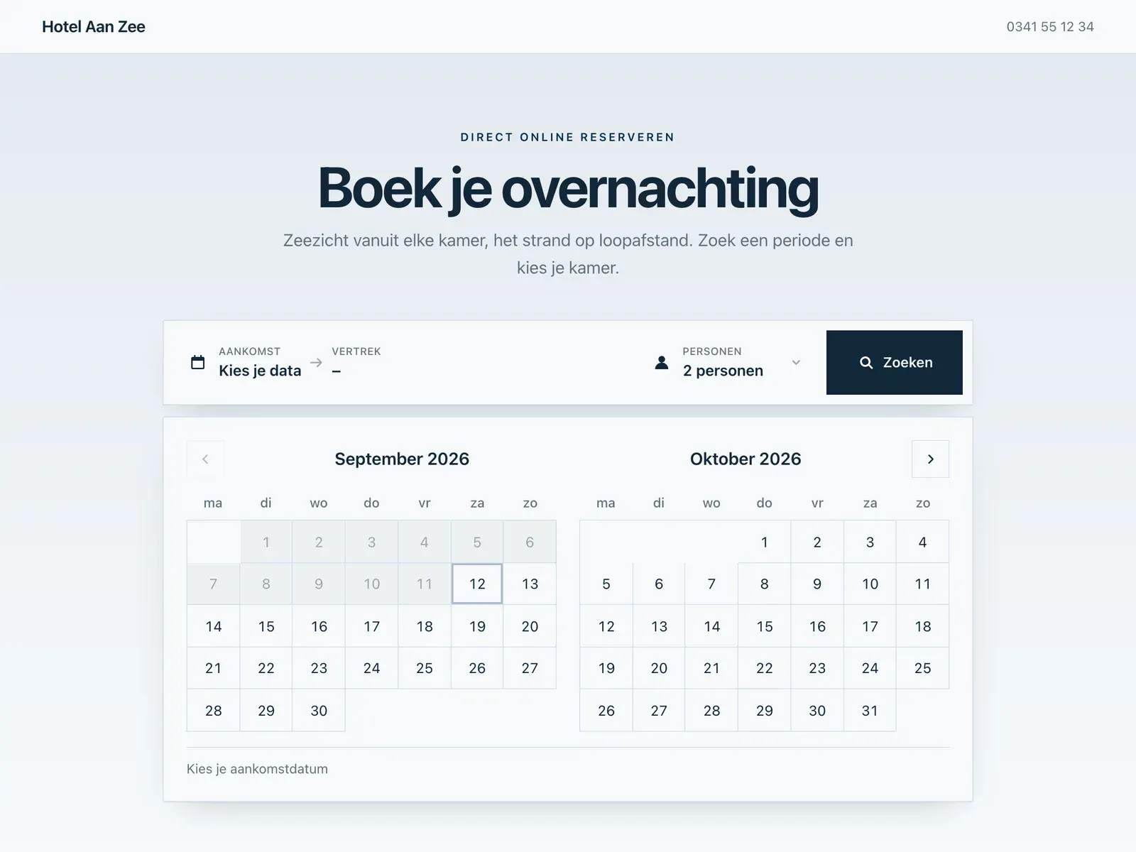 De start van de boekingsflow op het sjabloon Poolster, met de zoekbalk en de kalender open