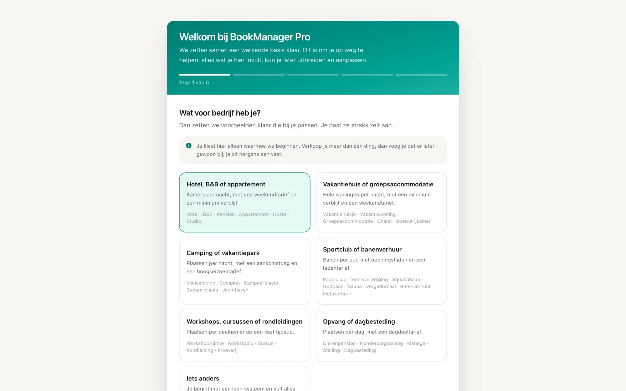 Het aan-de-slag-scherm van BookManager Pro met de stappen om je account in te richten