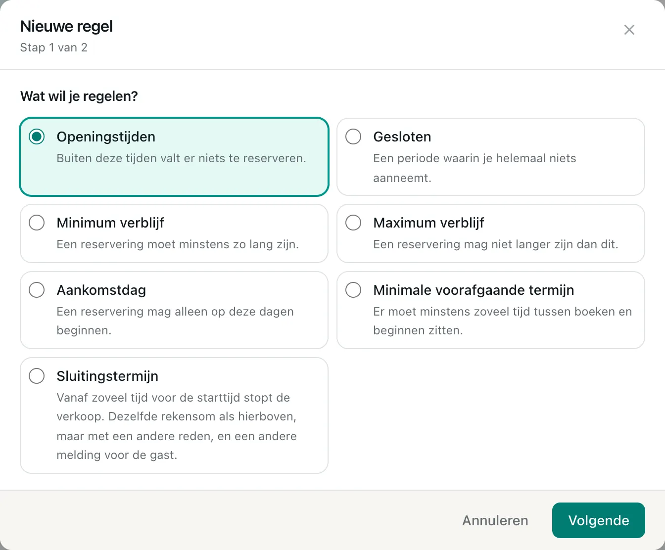 Het venster Nieuwe regel met de keuze uit de zeven soorten regels