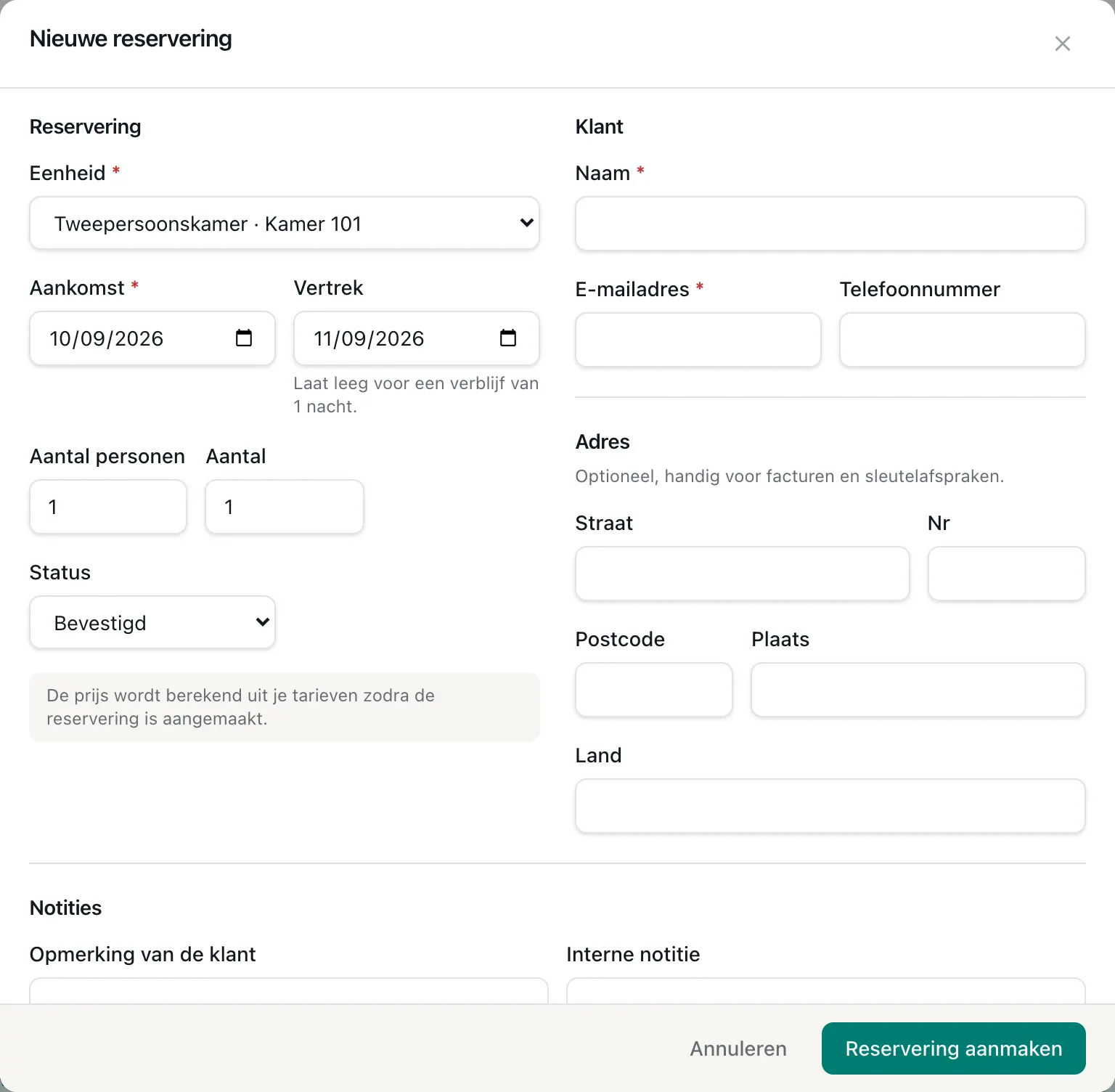 Het formulier voor een nieuwe reservering met het aanbod, de datum en de klantgegevens