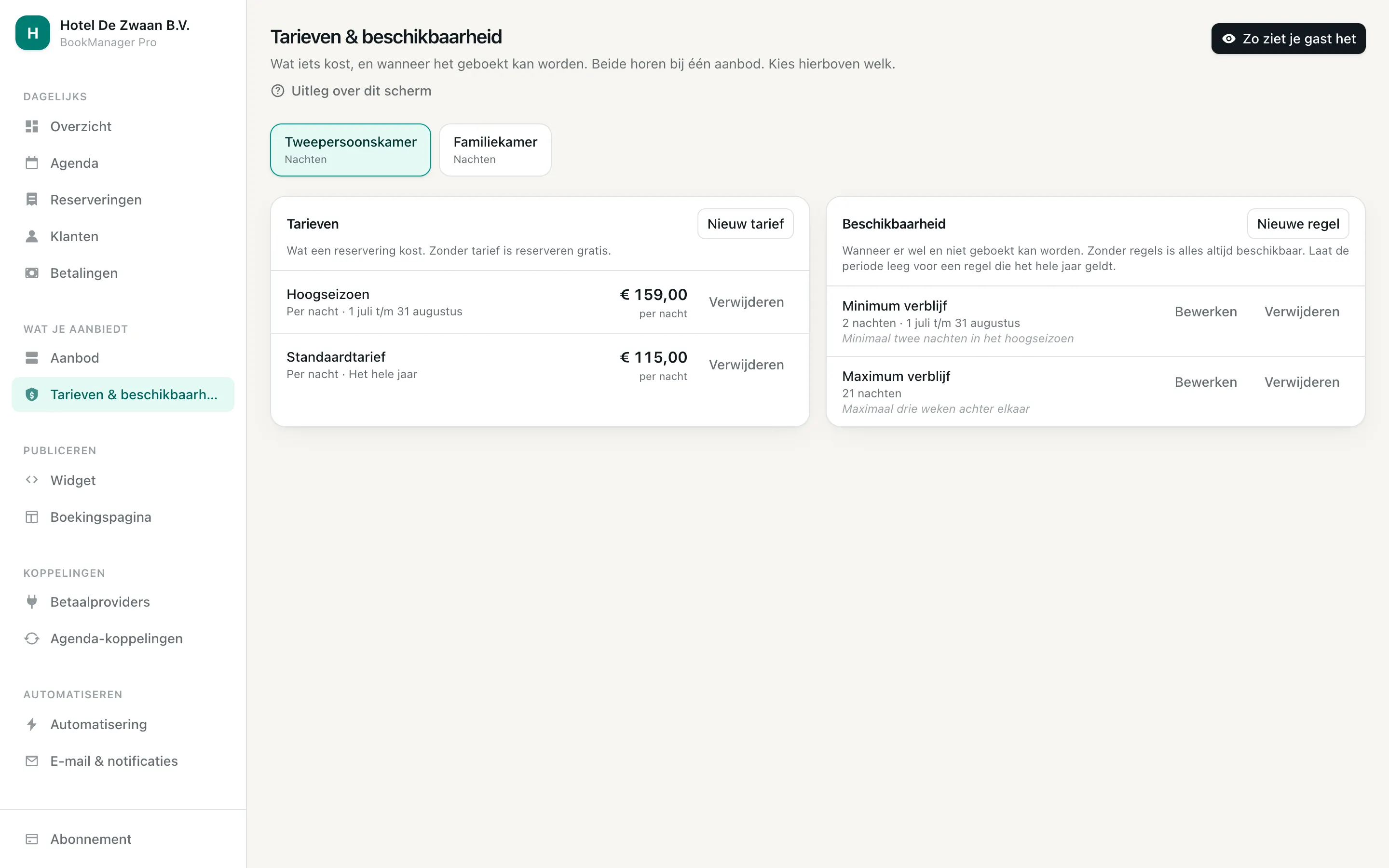 Een lijst met tarieven, van hoogseizoen tot standaard, met hun eenheid en voorrang
